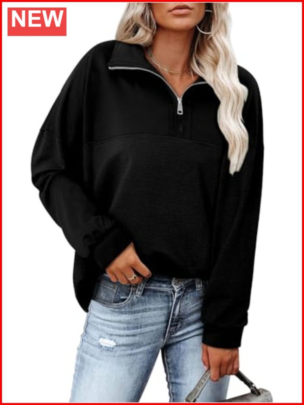 Waffle Knit Half Zip Pullover Sweatshirt Loose Fit Long Sleeve Casual Tops
